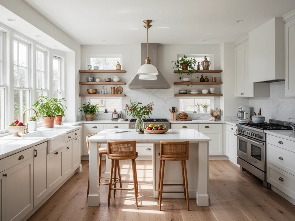 Cuisine avec plan de travail en chêne massif, crédence en faïence mate, éclairage sous meubles hauts, aucun accessoire