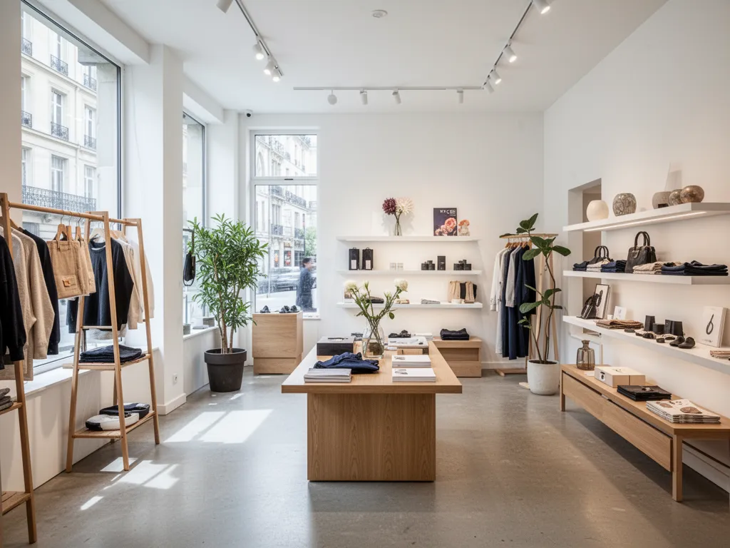 Intérieur de boutique de décoration avec une table en bois massif, des luminaires en rotin et un miroir ancien, lumière