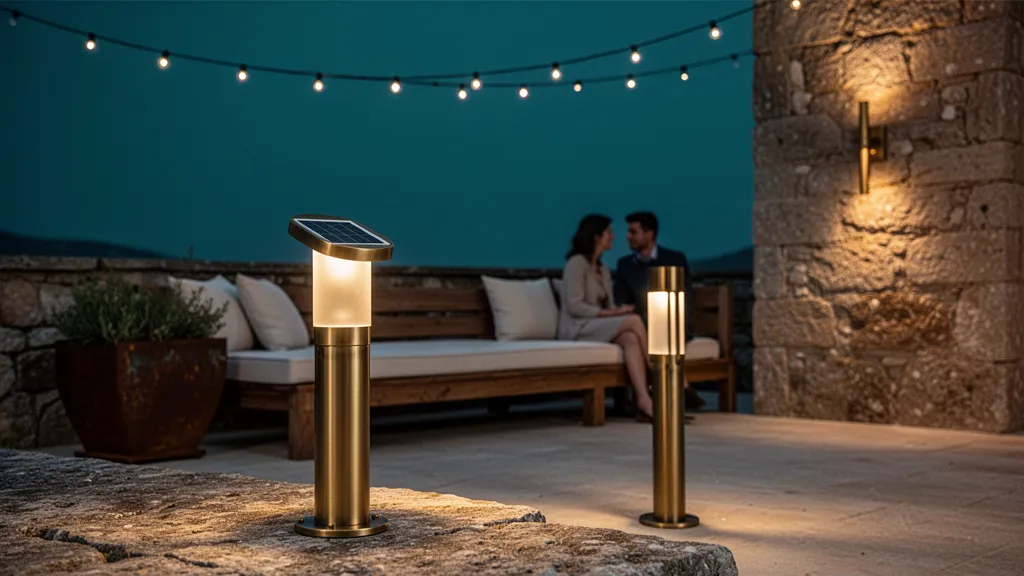 Borne solaire en métal brossé posée le long d'une allée de jardin au crépuscule, lumière chaude diffuse sur des gravillons