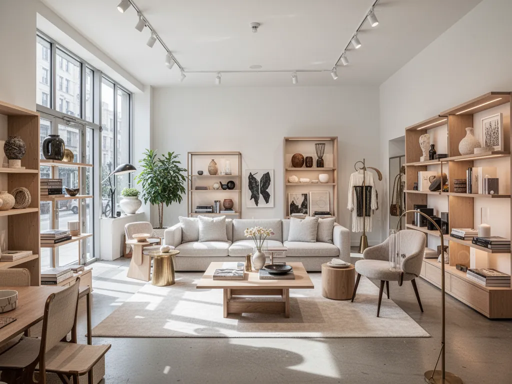 Magasin d’ameublement et de décoration avec tables en bois, luminaires suspendus, tapis pliés et accessoires disposés sur