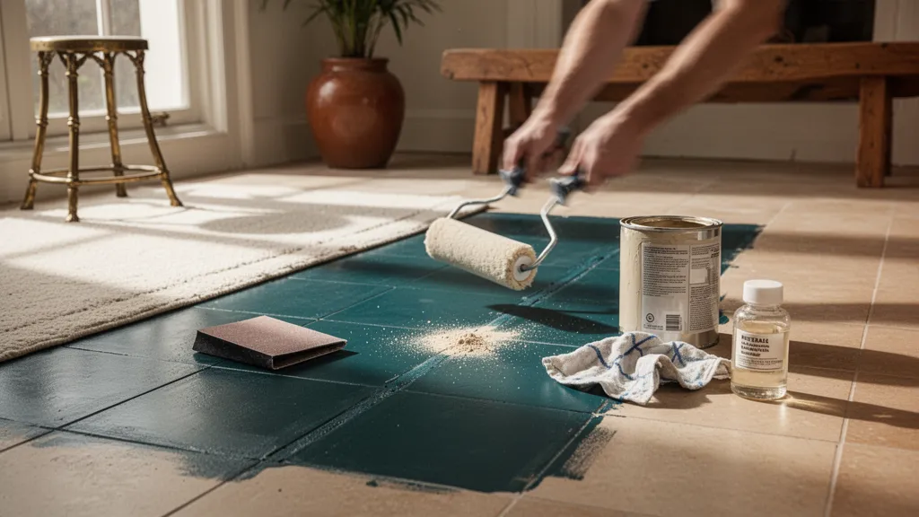 Sol carrelé en cours de peinture avec un rouleau, pot de peinture ouvert posé sur une bâche protectrice